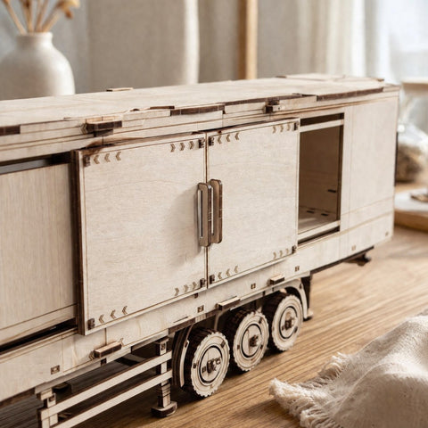 Laser-cut details on the wooden cargo trailer