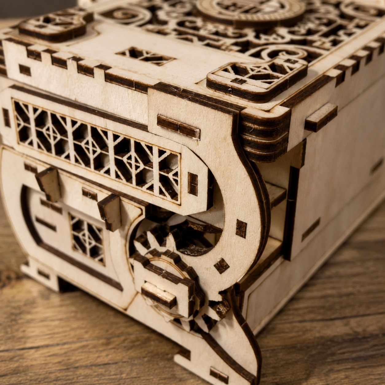 Close-up of laser-cut wooden gears and lattice details