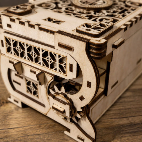 Close-up of laser-cut wooden gears and lattice details