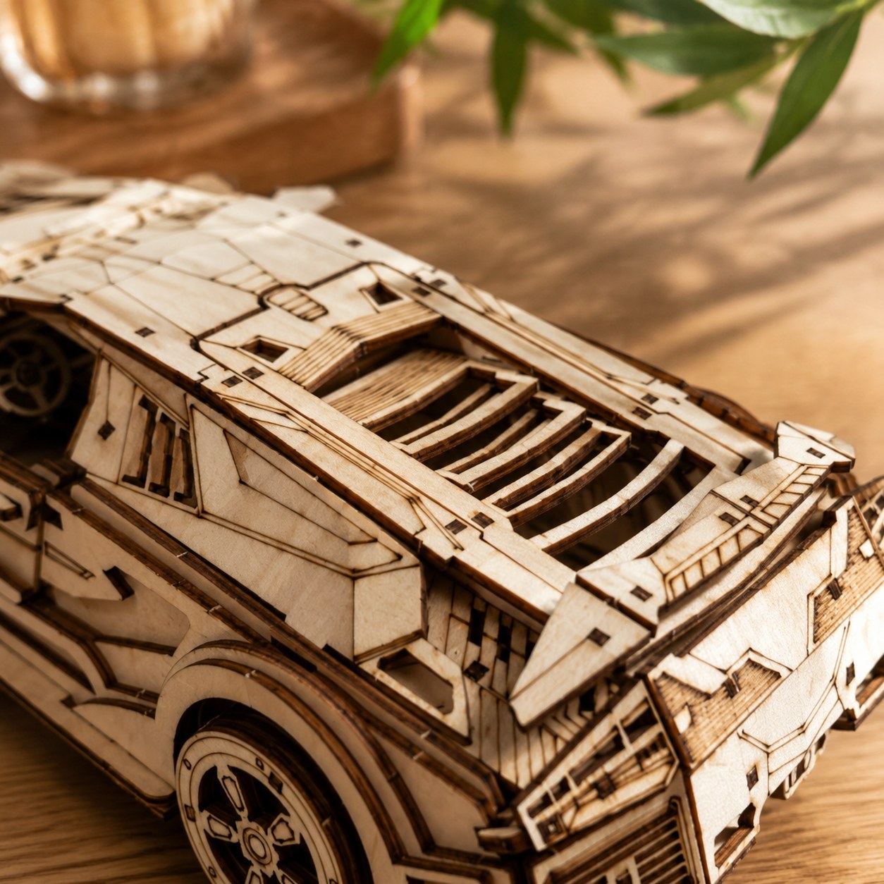Close-up of laser-cut wooden details on the supercar puzzle