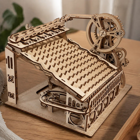 Close-up of laser-cut wooden gears and pegs