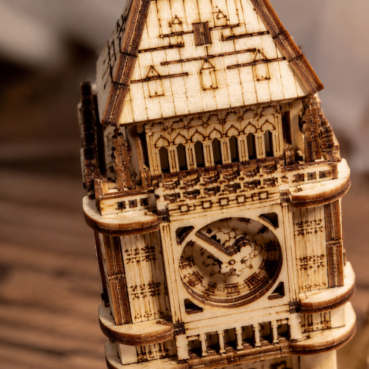 Close-up of laser-cut details on the Big Ben wooden puzzle