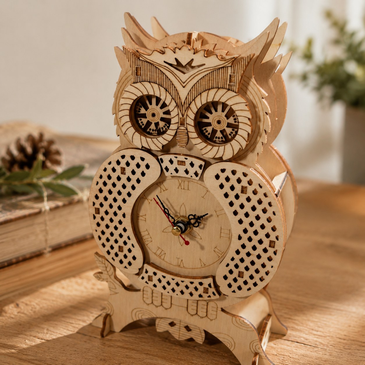 Close-up detail of laser-cut gears and wood texture on the owl clock