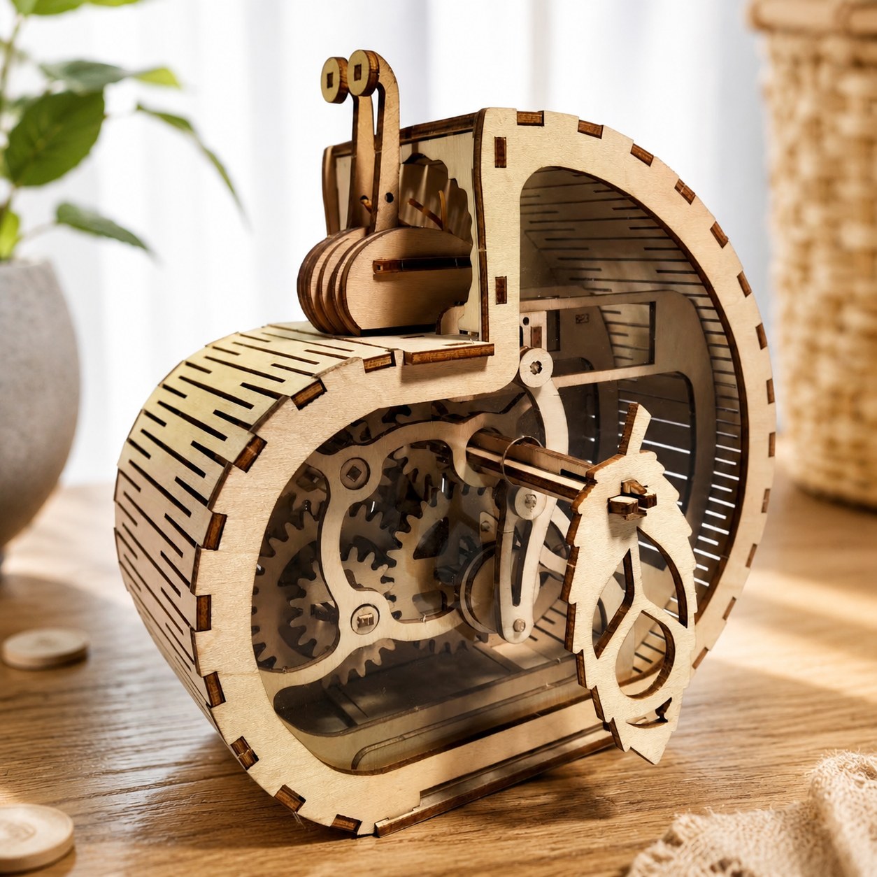 Close-up of the wooden snail's living hinge and internal gears