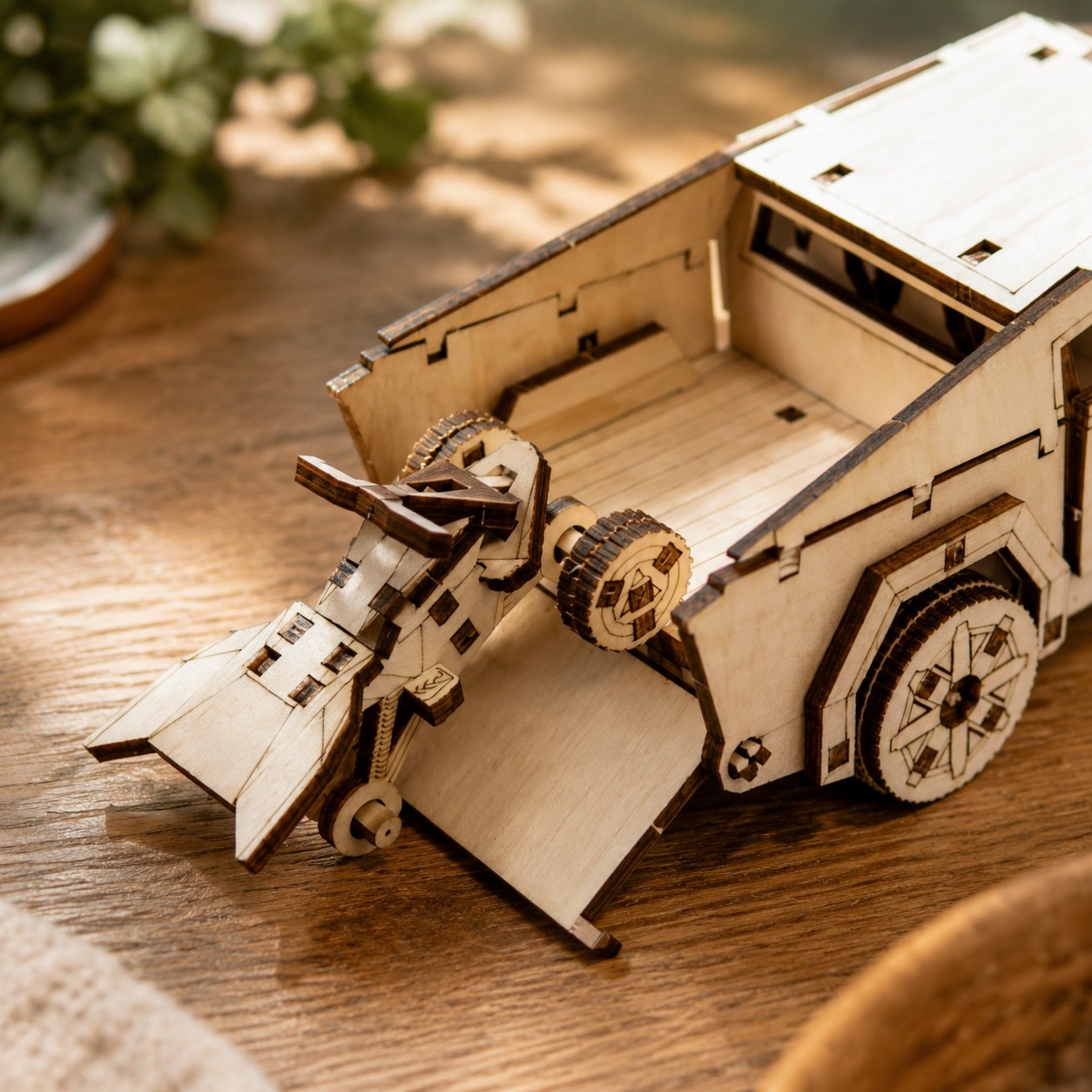 Macro close-up of laser-cut wood joints on the futuristic truck model