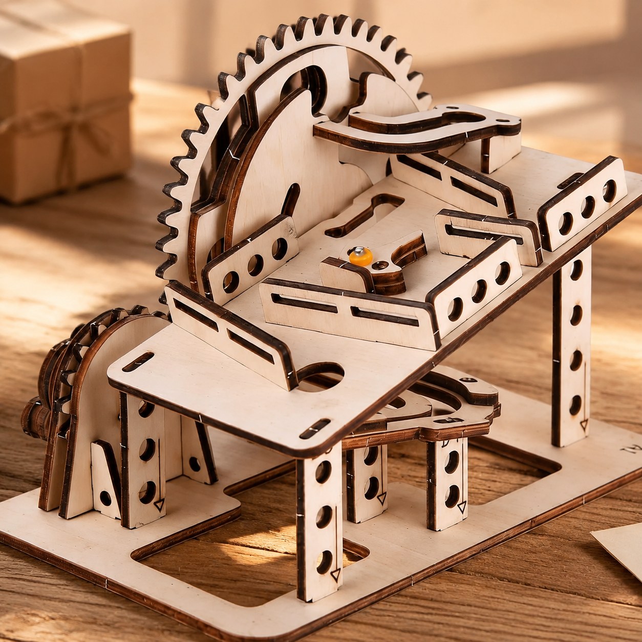 Close-up of the laser-cut wood gears and interlocking joints