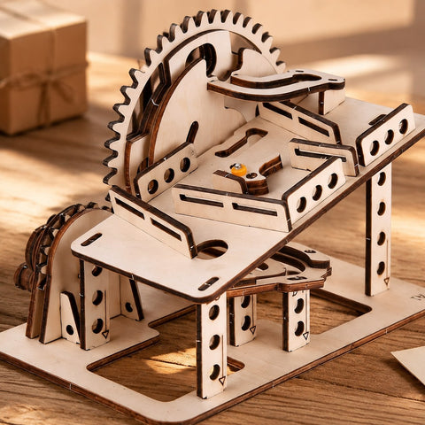 Close-up of the laser-cut wood gears and interlocking joints