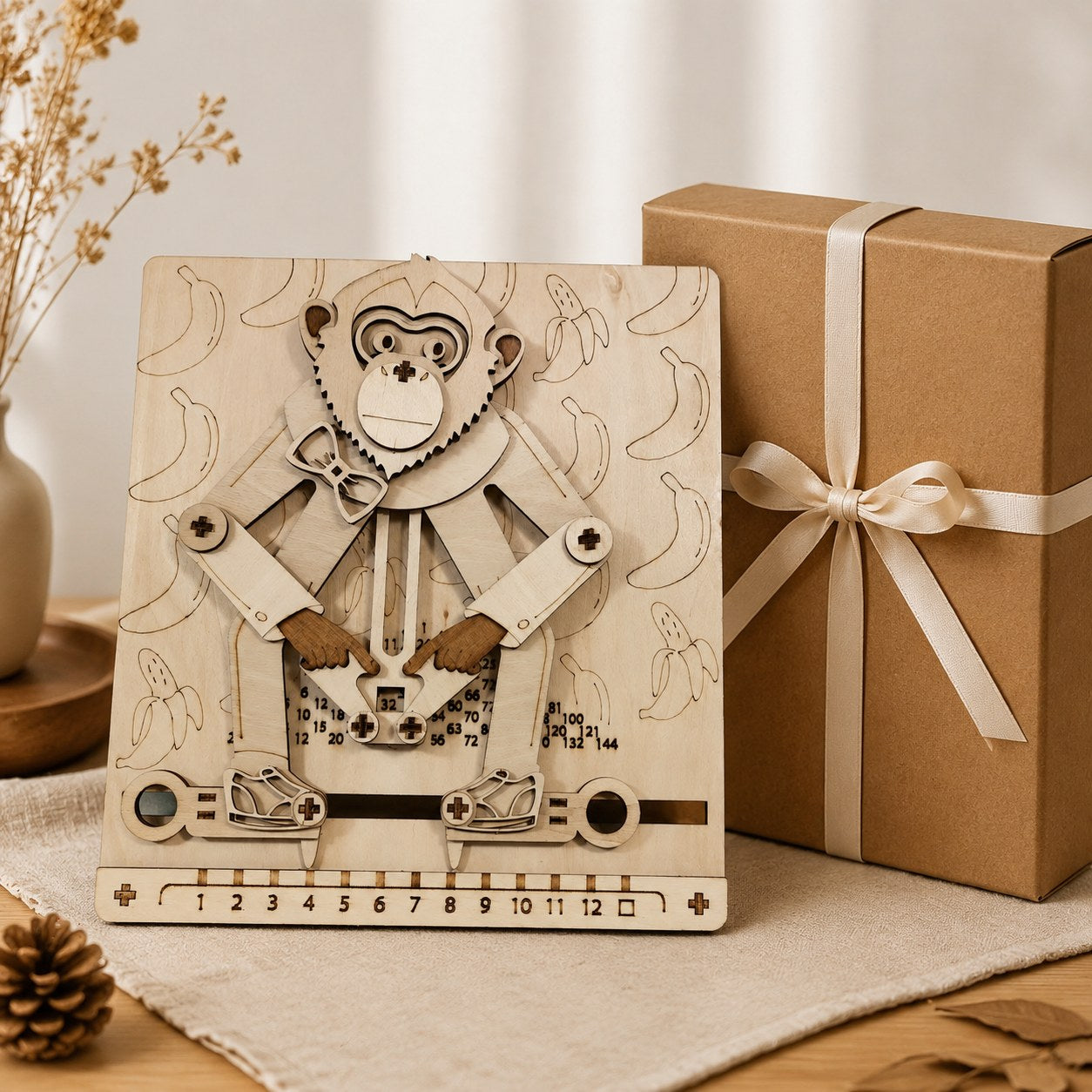 Educational Math Monkey 3D Wooden Puzzle next to a gift box
