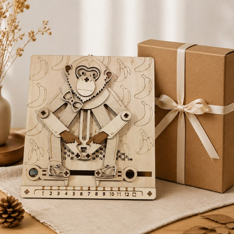 Educational Math Monkey 3D Wooden Puzzle next to a gift box