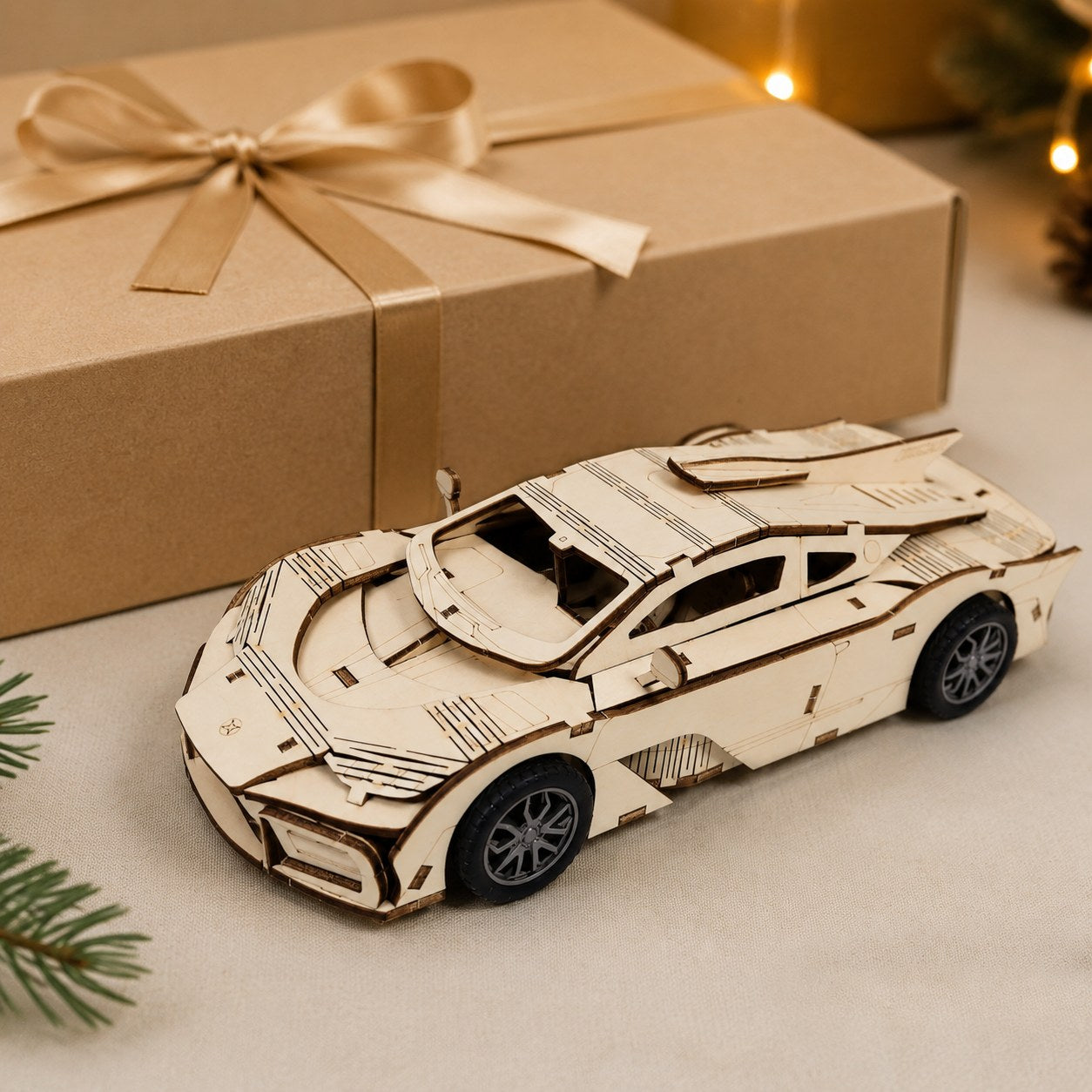 Jigden 3D wooden hypercar model displayed next to a gift box