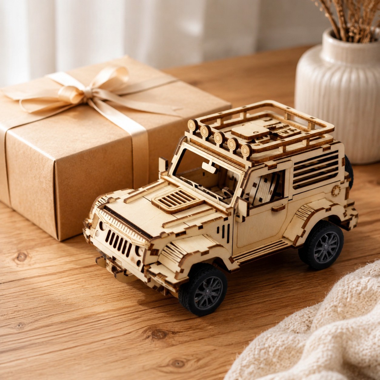 Finished 4x4 wooden model kit next to a wrapped gift box