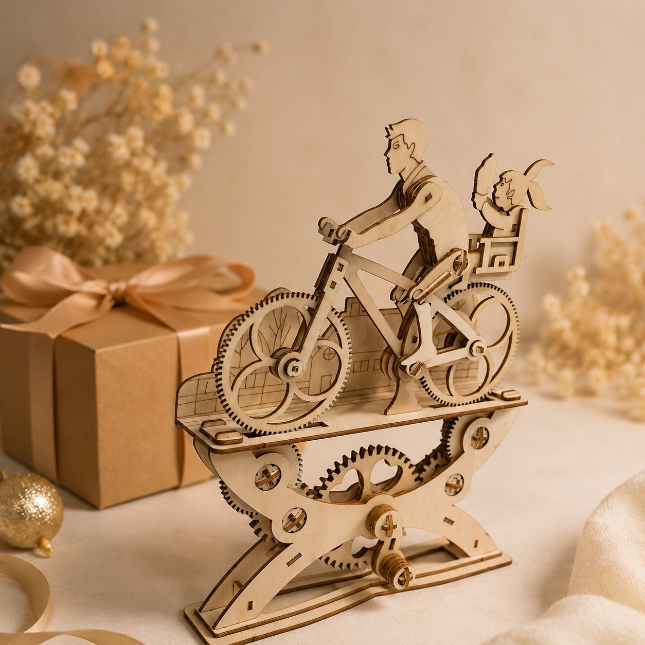 Wooden bicycle puzzle displayed next to a kraft gift box
