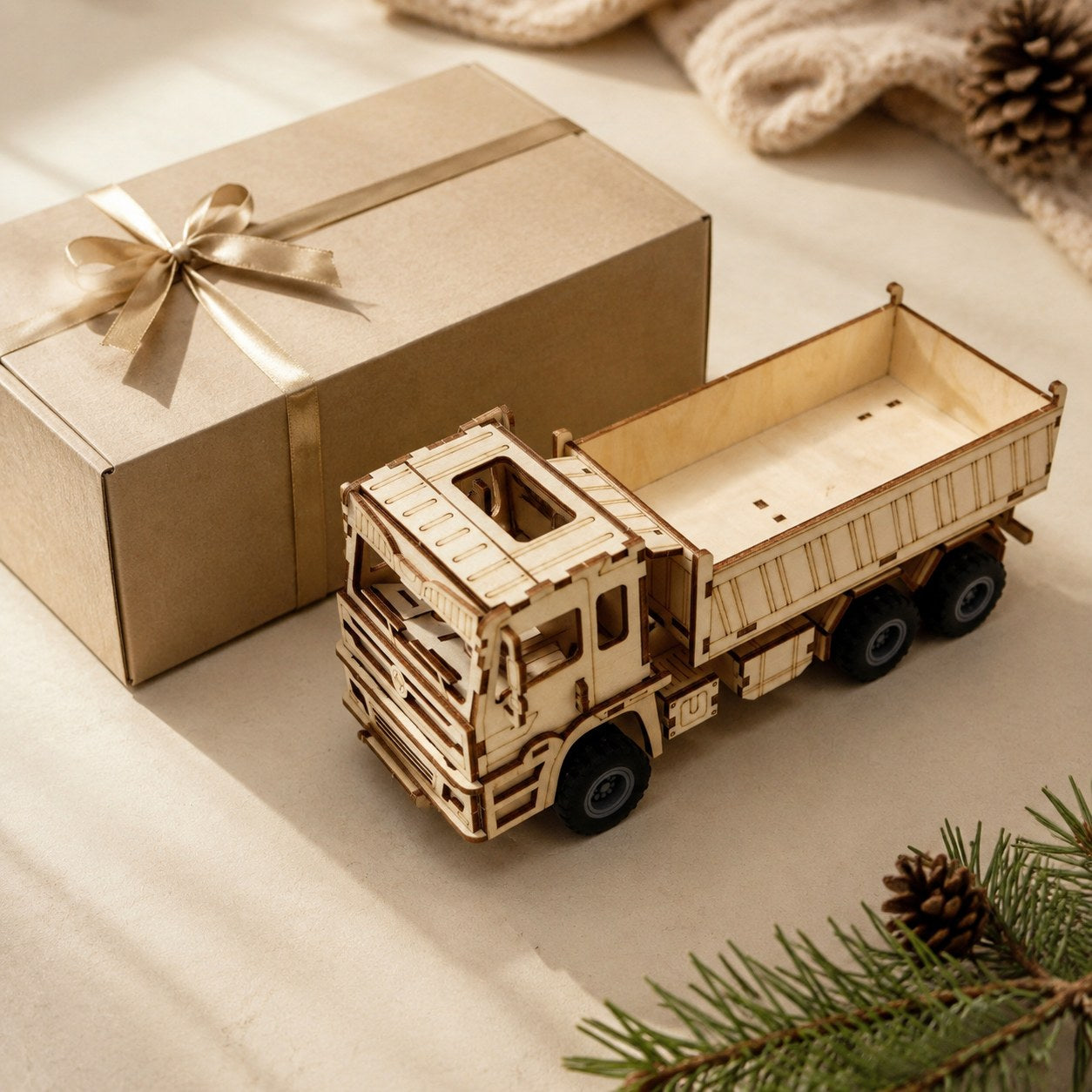 Wooden dump truck model next to a gift box