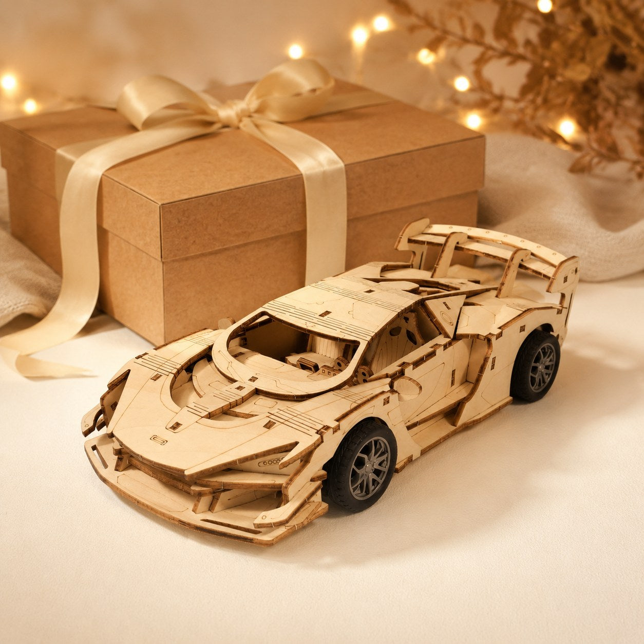 Jigden wooden supercar model displayed next to a gift box