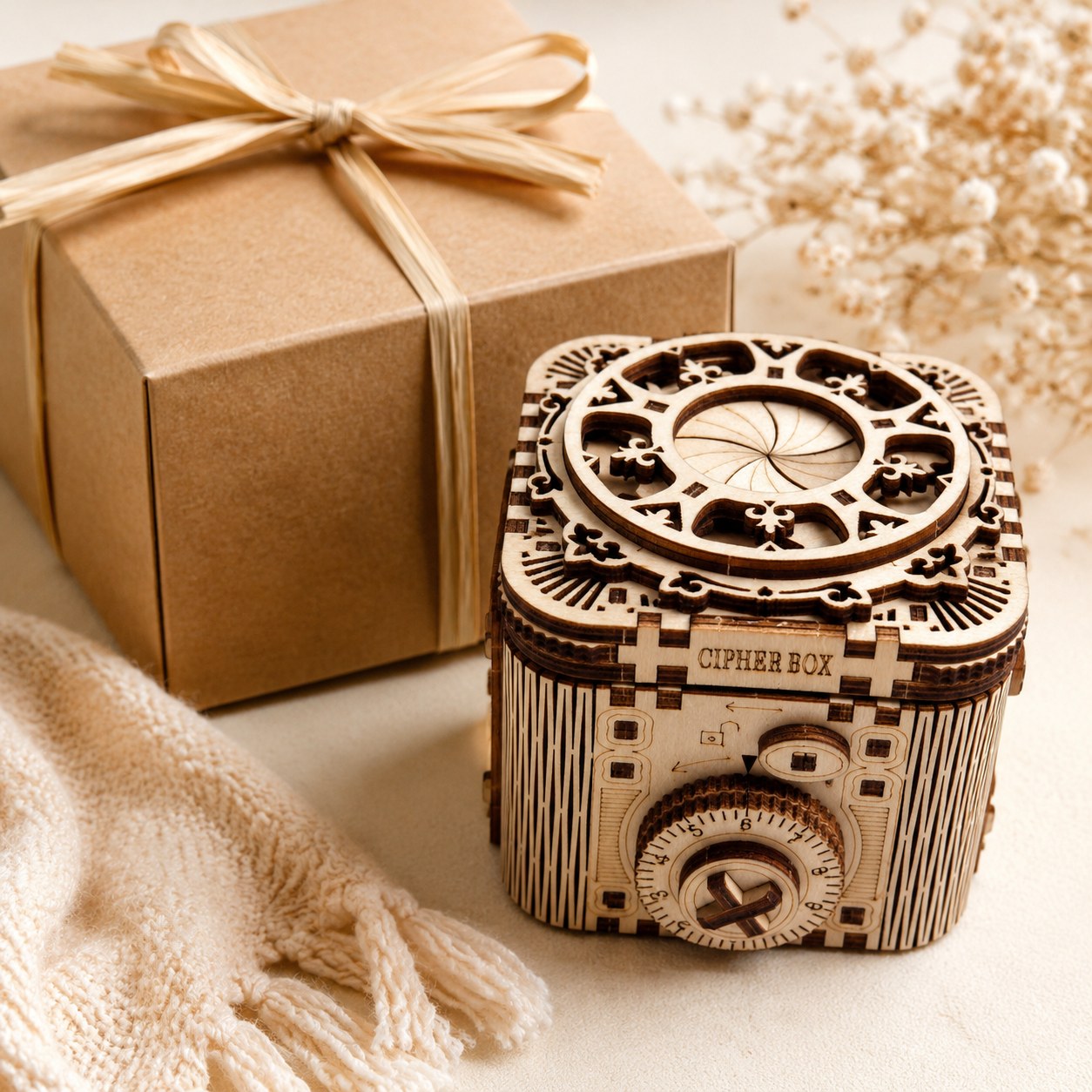 Finished wooden cipher box displayed beside a minimalist gift box