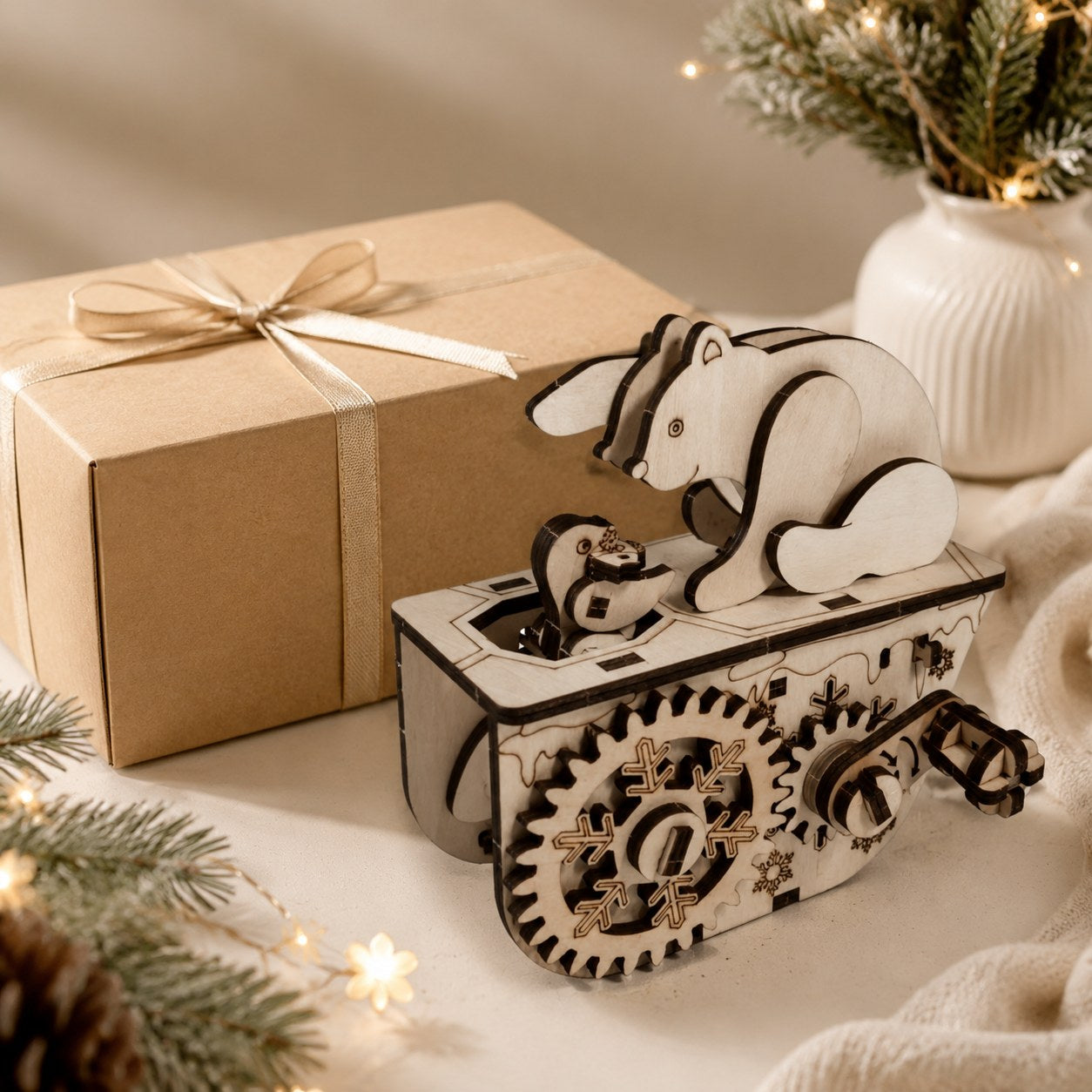 Polar Bear 3D Wooden Puzzle displayed next to a minimalist gift box