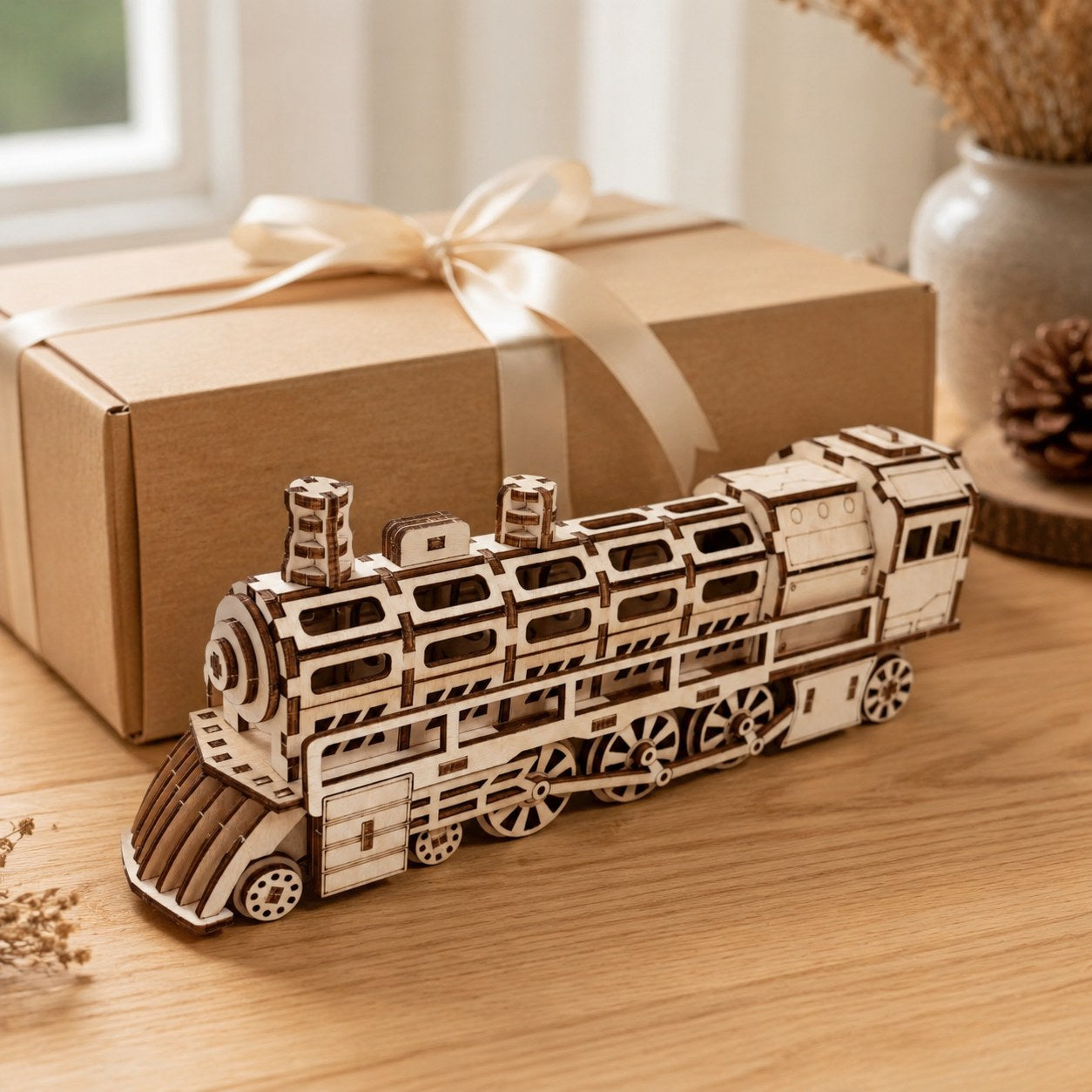 Wooden train puzzle displayed next to a wrapped gift box