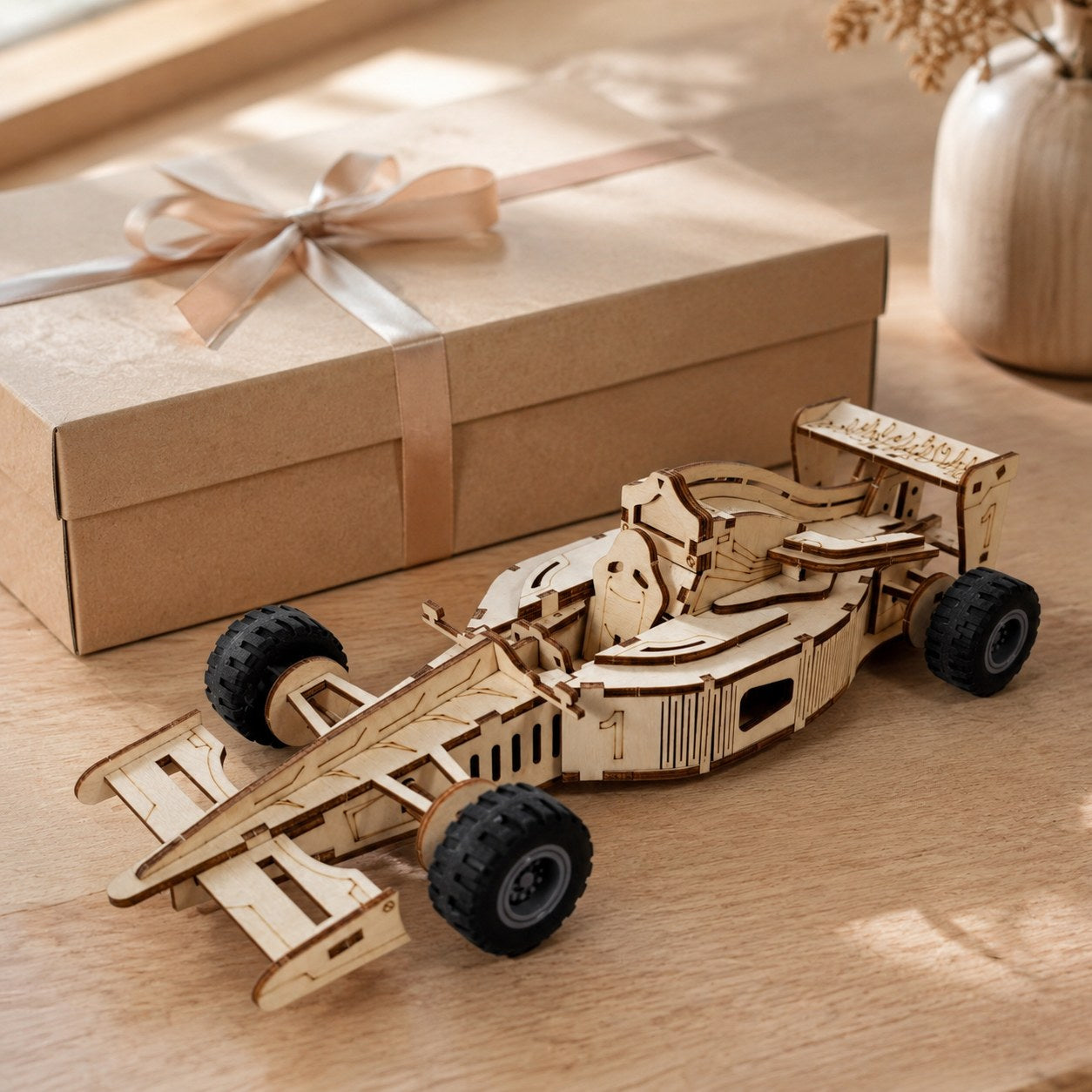 Finished wooden race car model displayed next to a minimalist gift box on a cream surface.