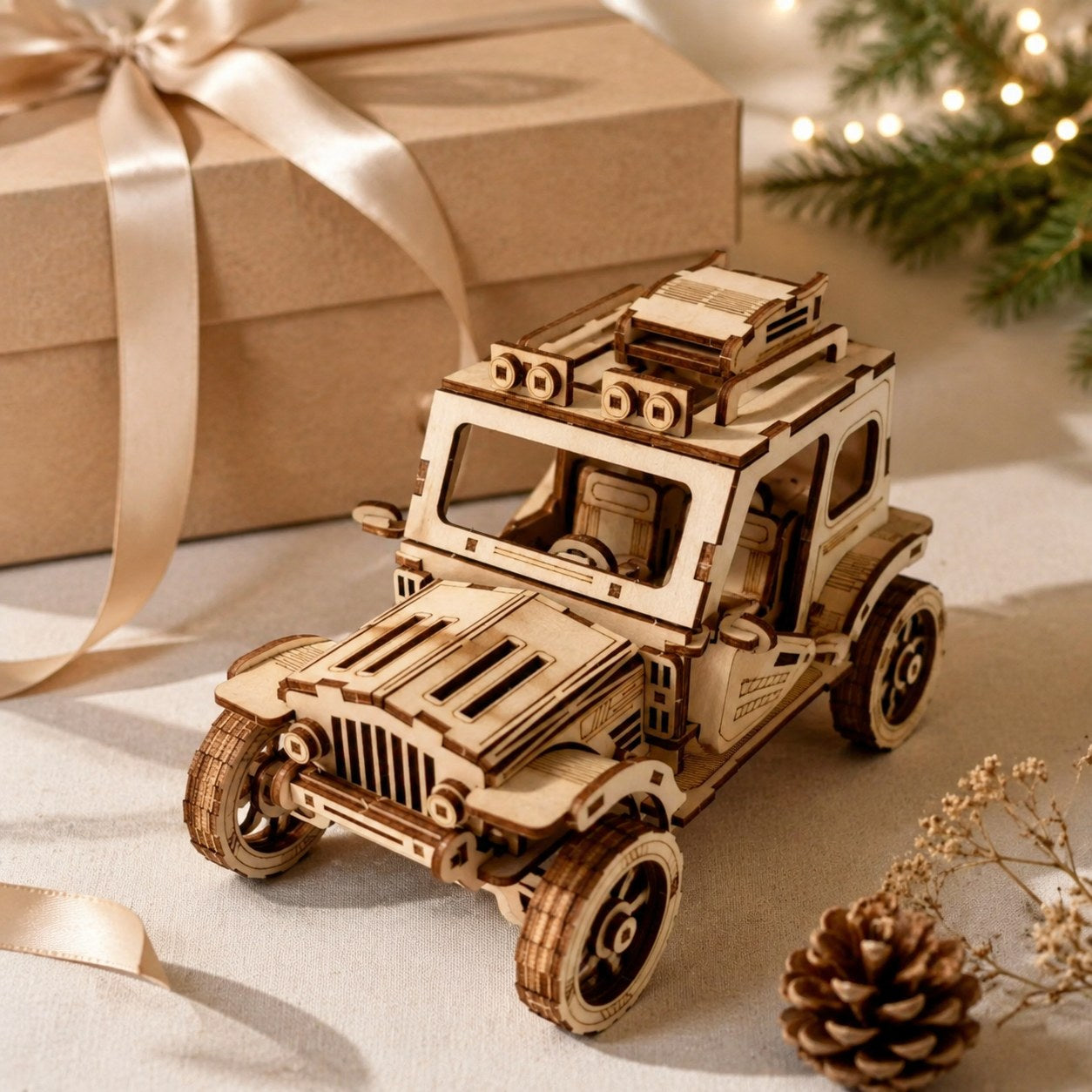 Finished 3D wooden off-road vehicle model displayed next to a kraft gift box.