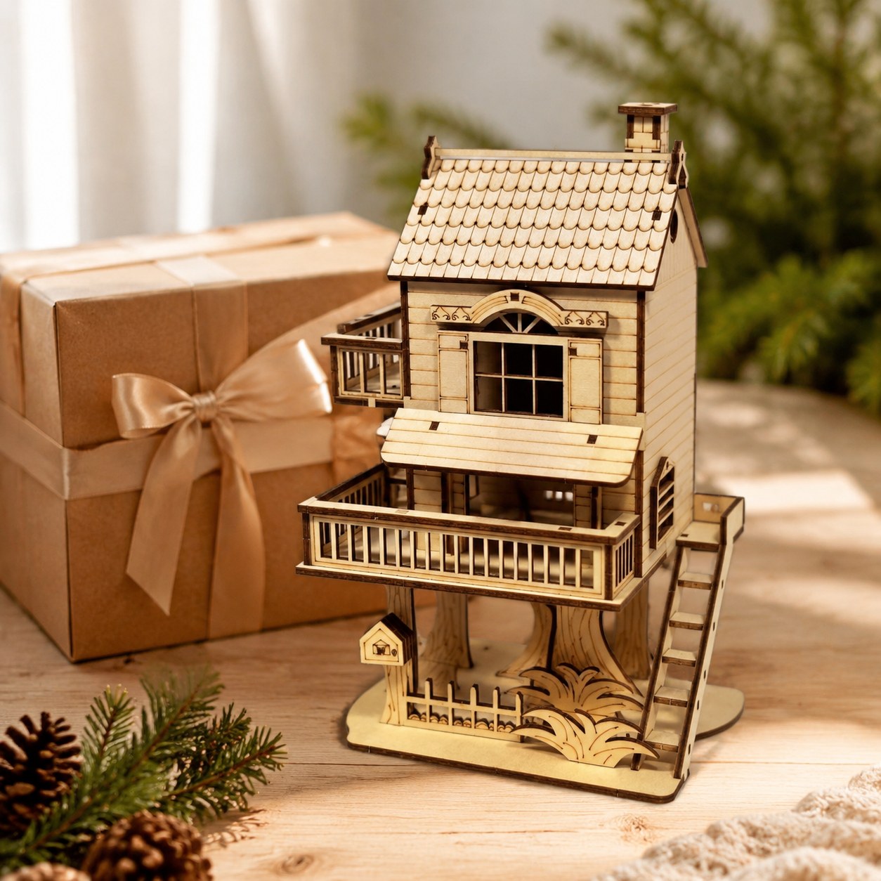 Finished wooden treehouse model displayed next to a beautiful gift box