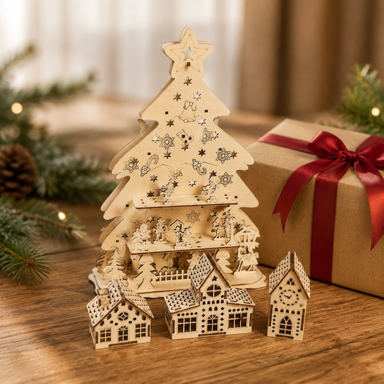 Finished wooden Christmas tree puzzle displayed next to a wrapped gift box