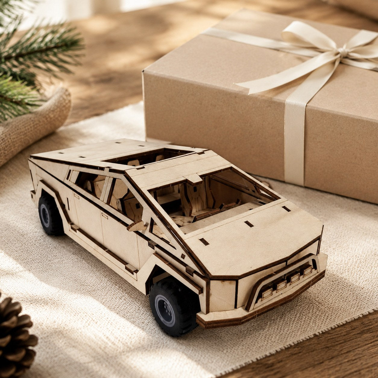 Finished wooden pickup truck model next to a kraft gift box