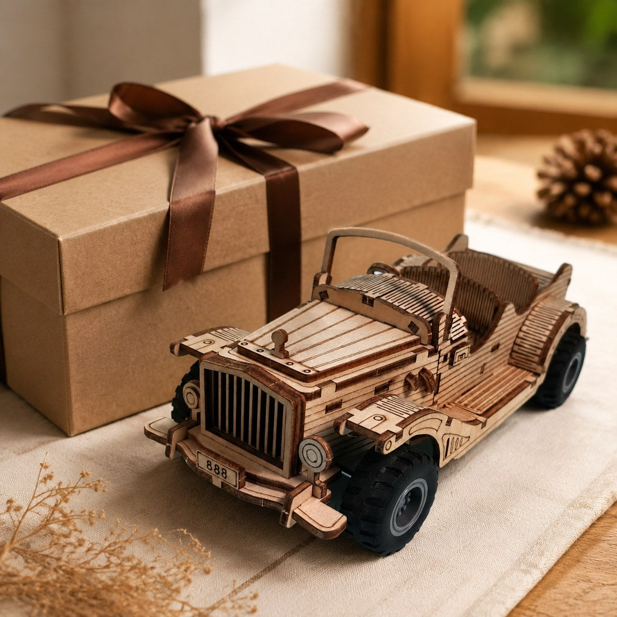 Vintage Convertible Car 3D Wooden Puzzle displayed next to a gift box for holiday gifting