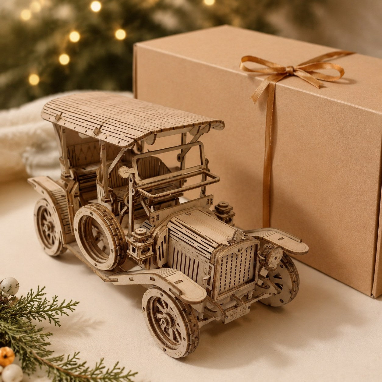 Retro Roadster Mechanical Wooden Car Kit displayed next to a gift box.