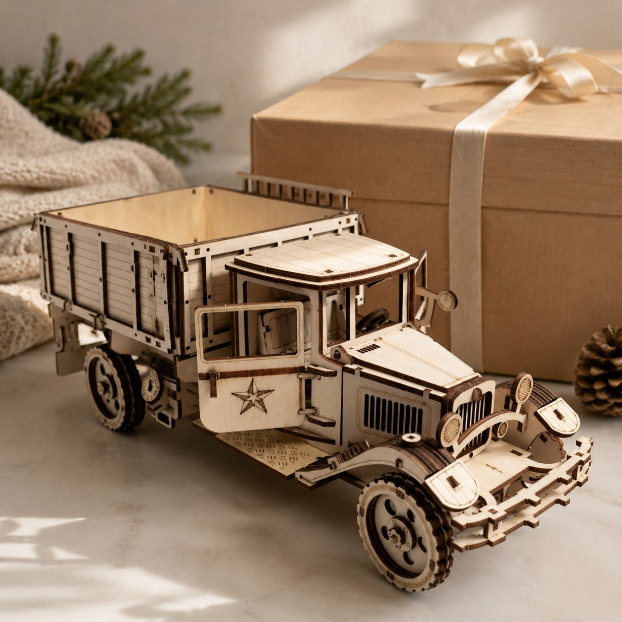 Vintage Cargo Truck 3D Wooden Puzzle displayed next to a gift box