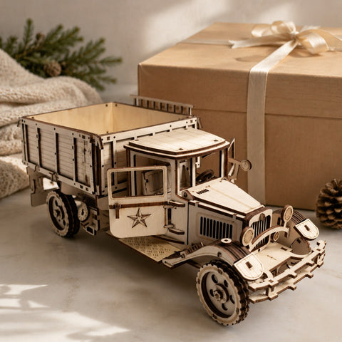 Vintage Cargo Truck 3D Wooden Puzzle displayed next to a gift box