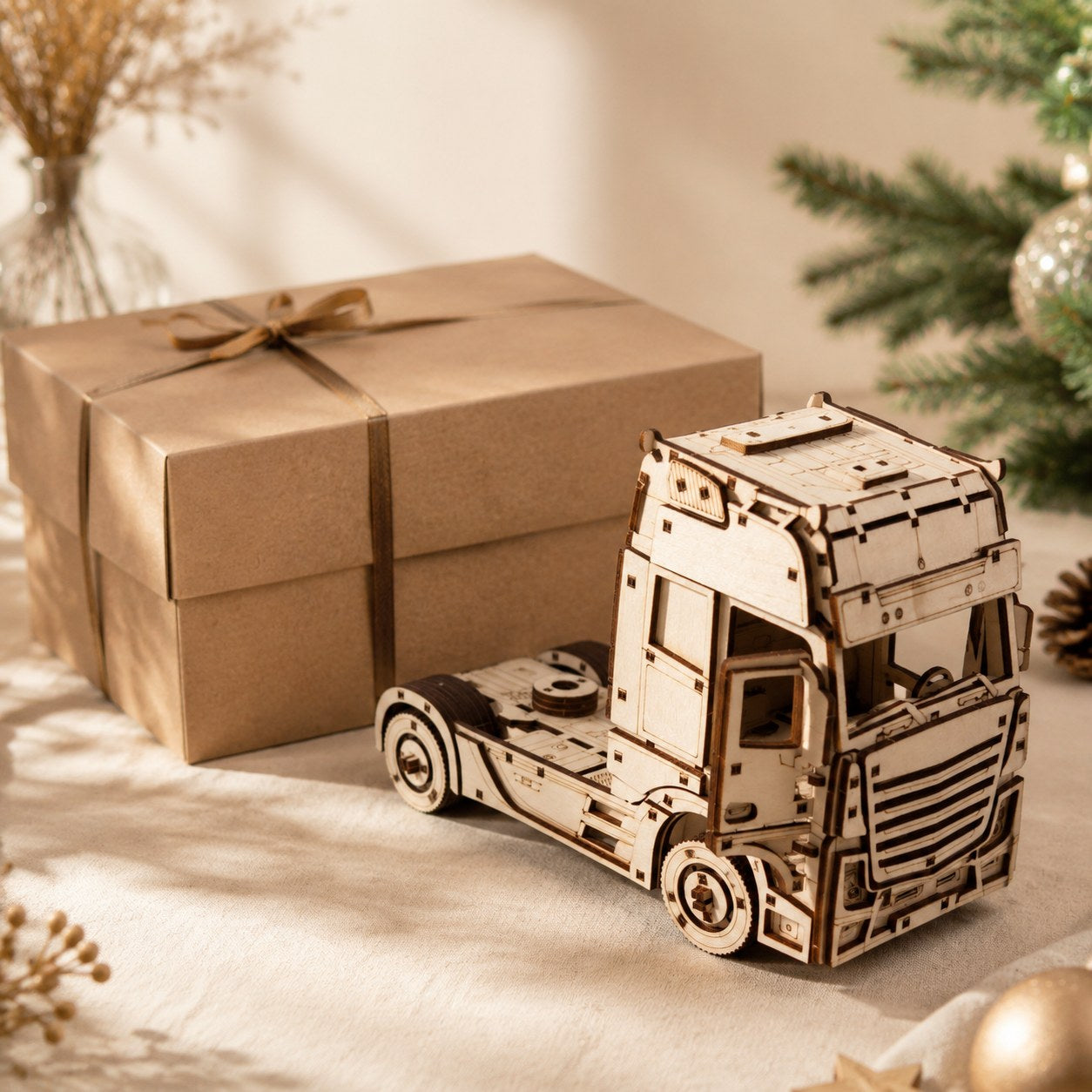 Finished 3D wooden semi truck model displayed next to a gift box