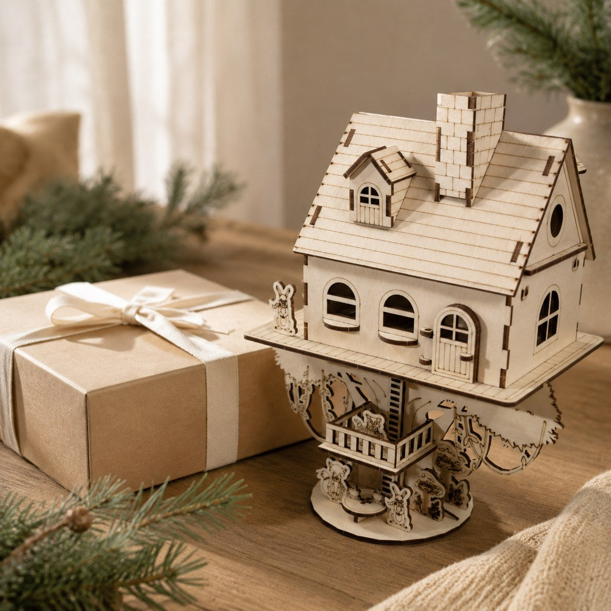 Woodland treehouse 3D puzzle displayed next to a gift box