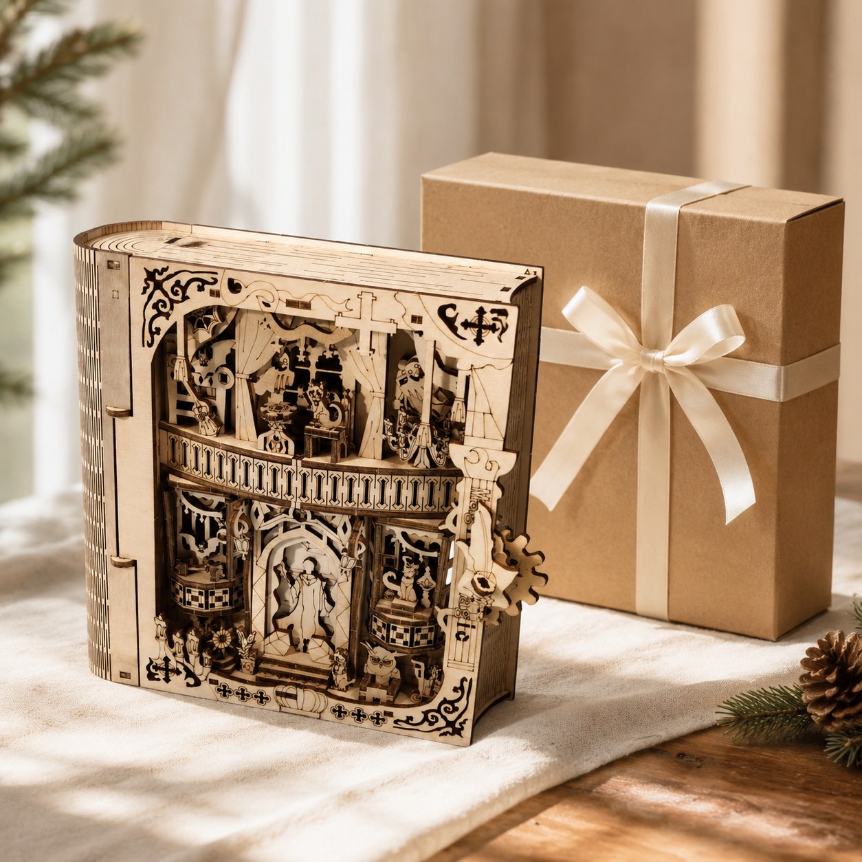 Magical Book Box 3D Wooden Puzzle displayed as a gift