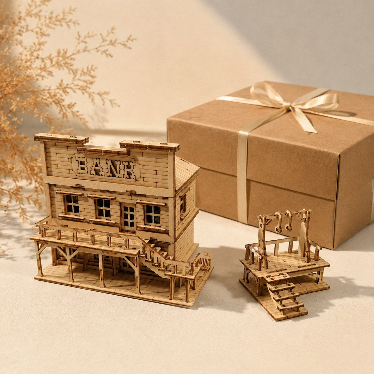Wild West wooden model kit next to a gift box