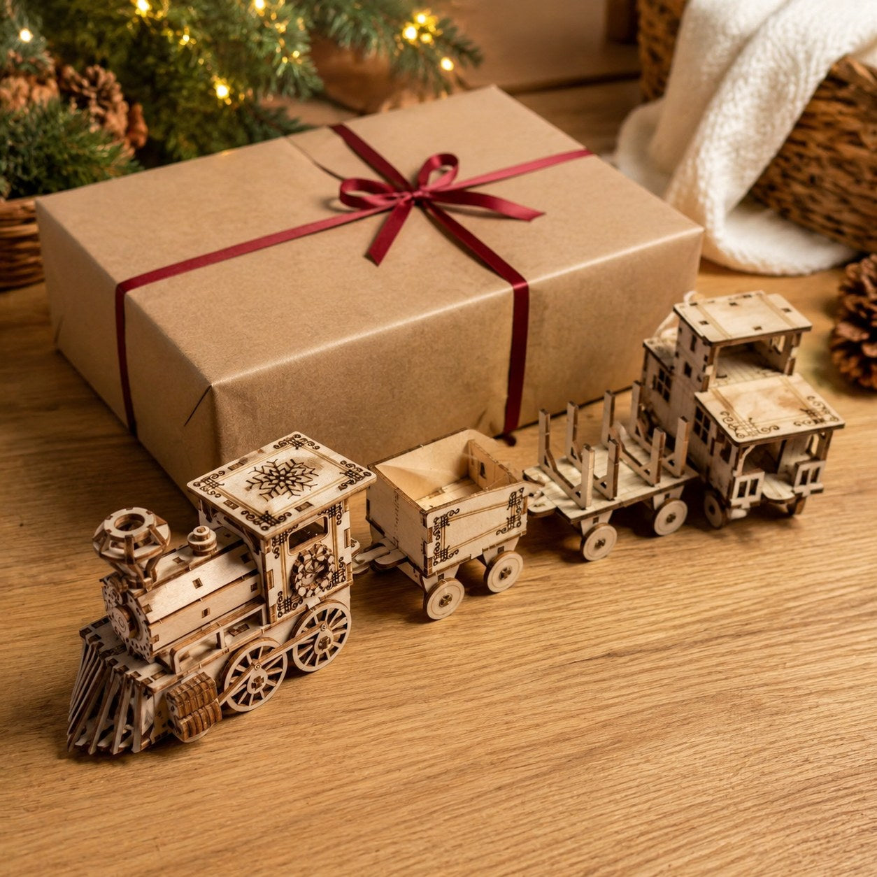 Finished wooden train model next to a wrapped gift box