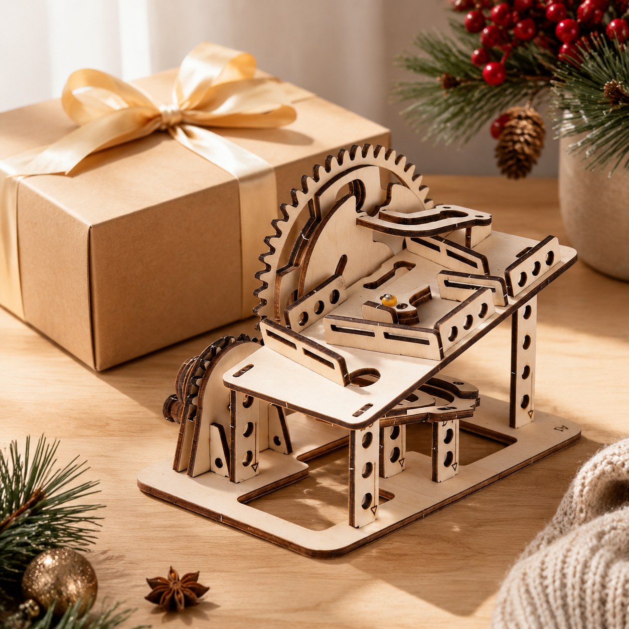 Wooden marble run model displayed next to a kraft gift box