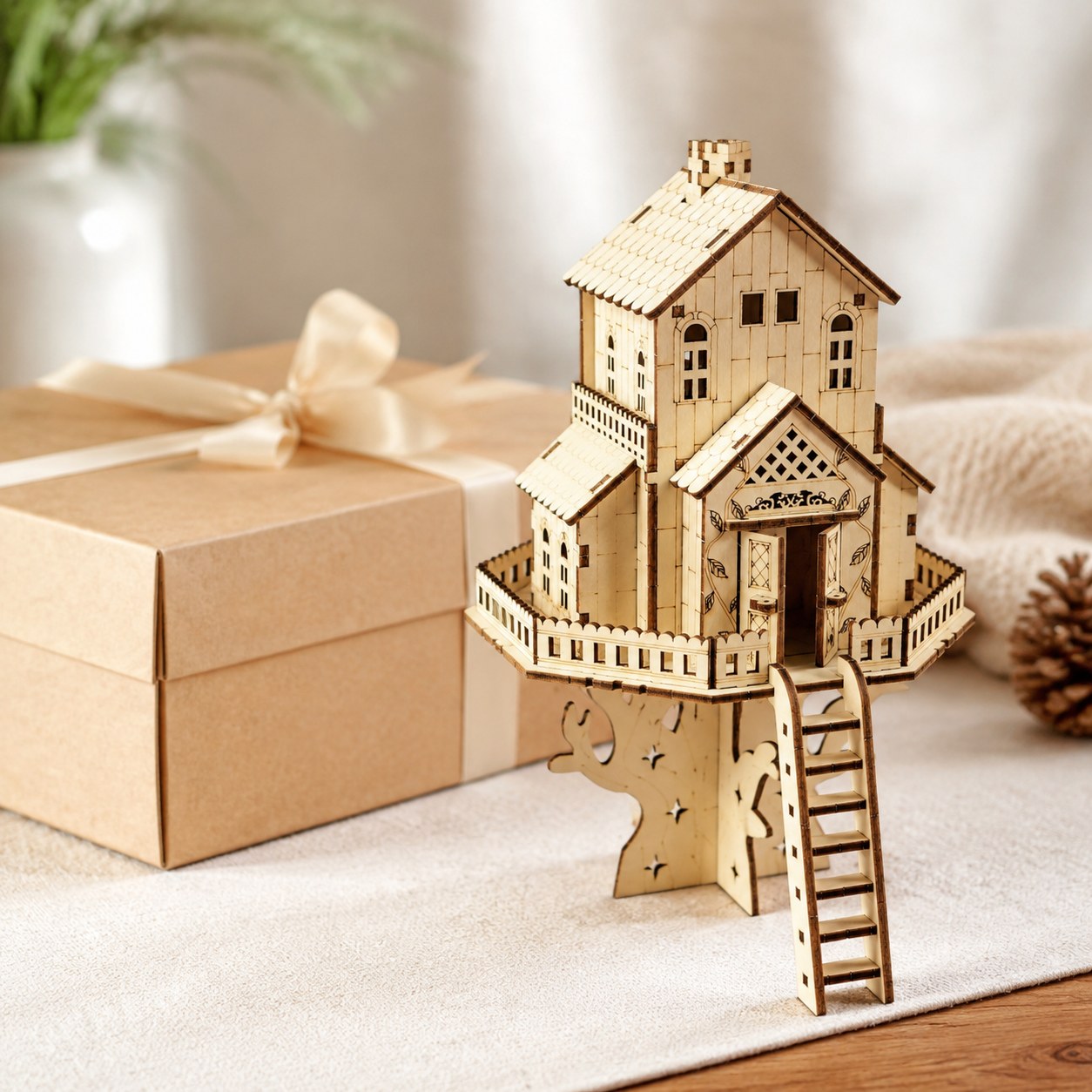 Whimsical Treehouse 3D Wooden Puzzle next to a gift box