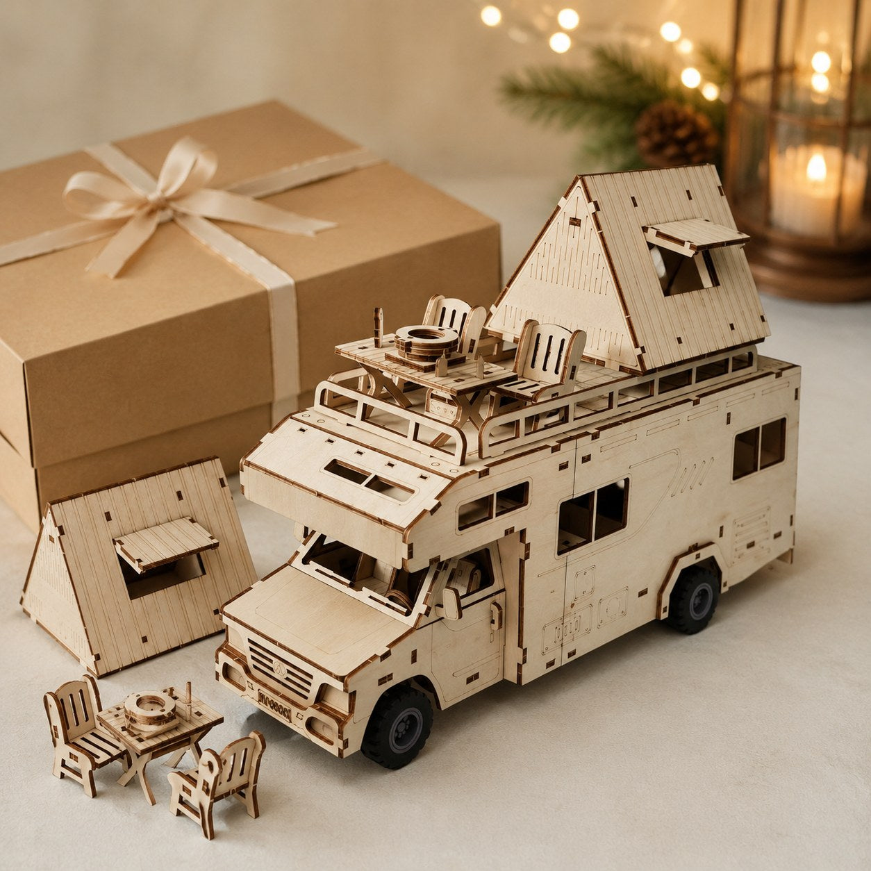 Finished wooden RV camper model displayed next to a premium gift box