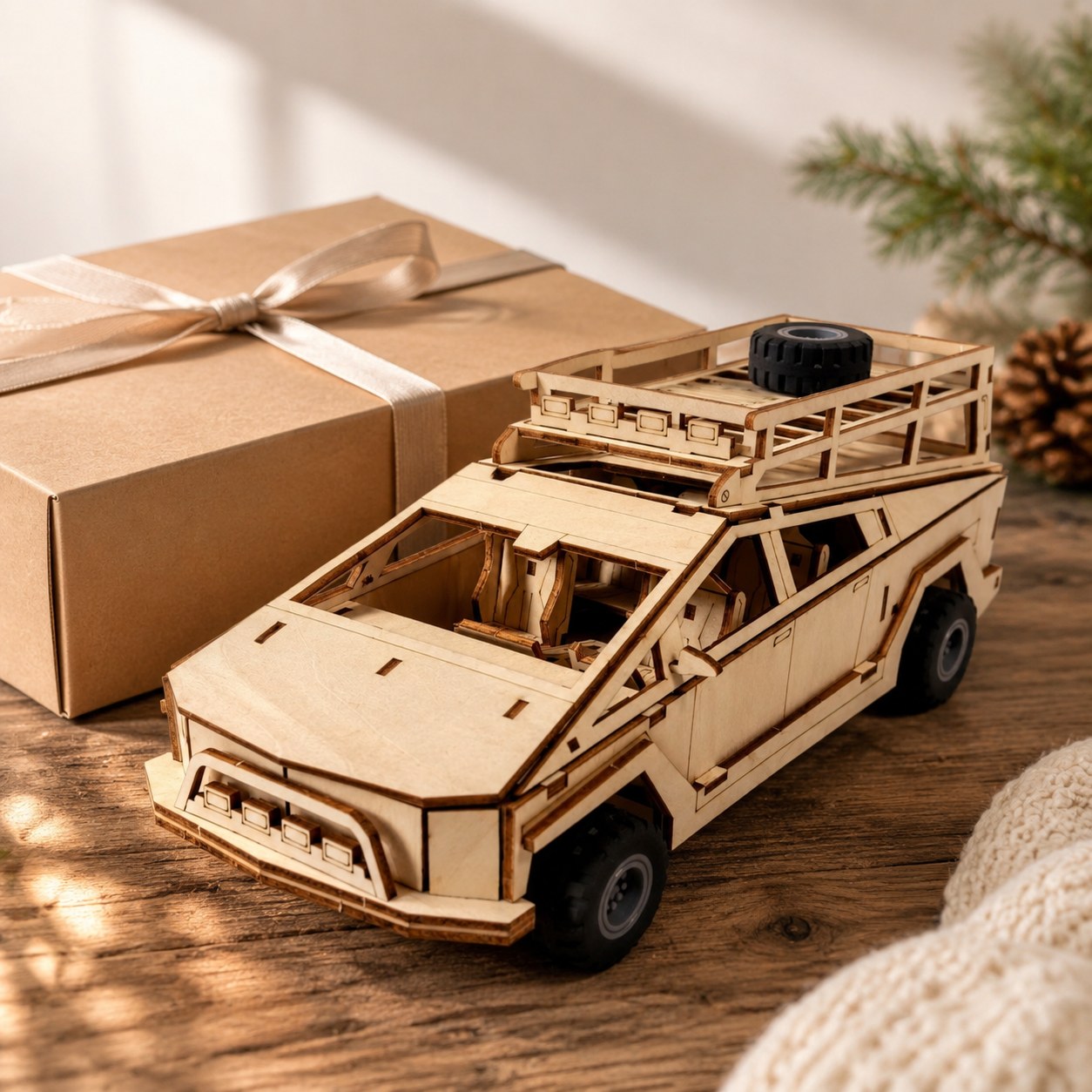 Futuristic Geometric Pickup 3D Wooden Puzzle displayed next to a gift box