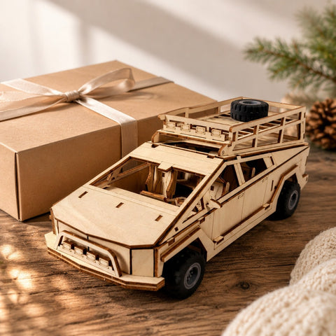 Futuristic Geometric Pickup 3D Wooden Puzzle displayed next to a gift box