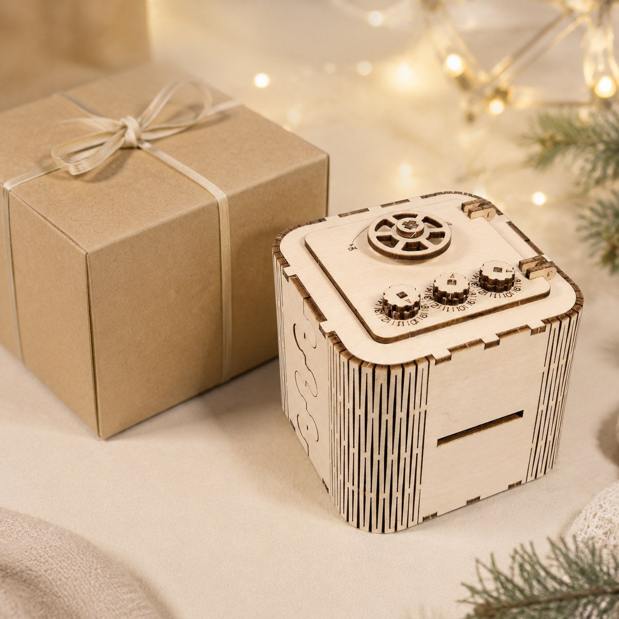 Finished wooden safe next to a minimalist gift box