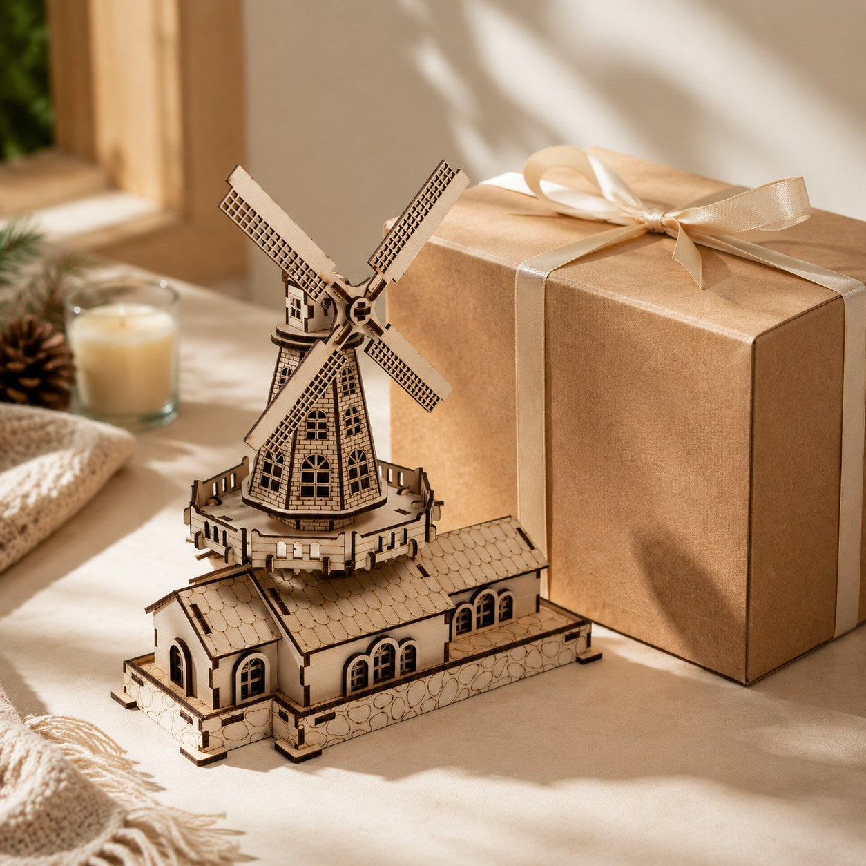 Finished wooden windmill model displayed next to a gift box