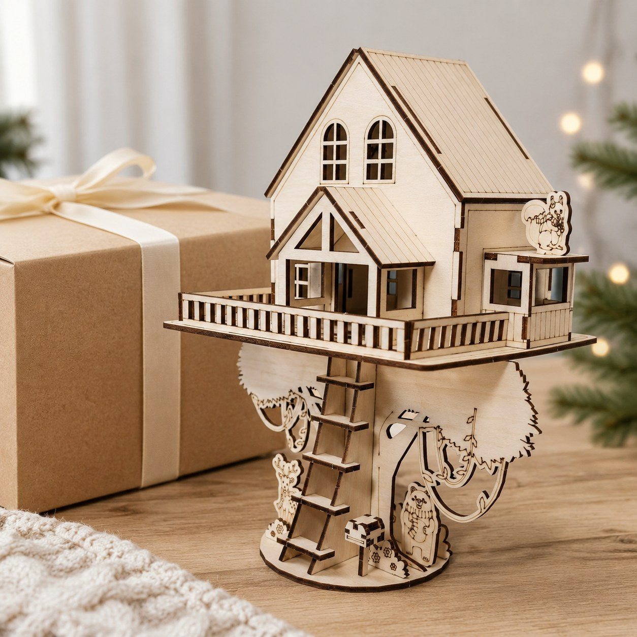 Woodland treehouse wooden model kit presented as a gift