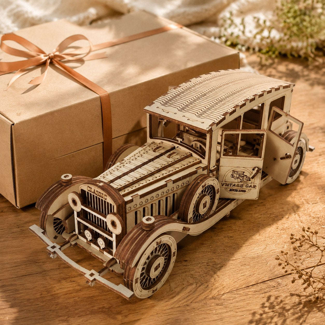 Classic Vintage Car 3D Wooden Puzzle displayed as a gift