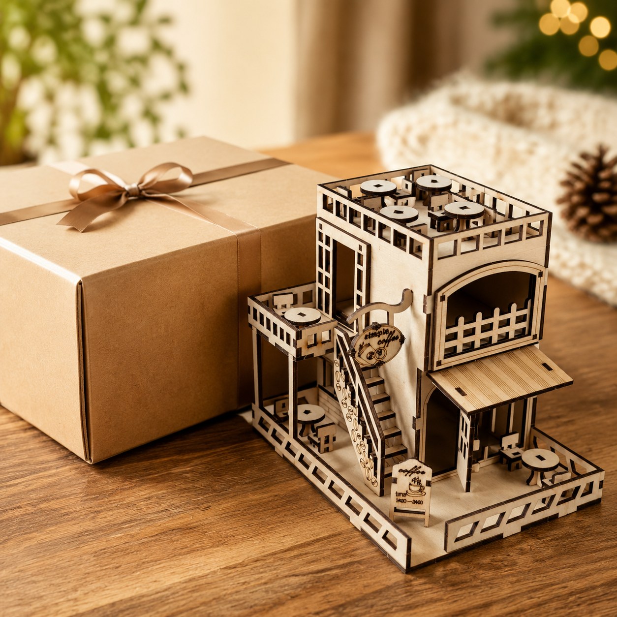 Wooden coffee shop puzzle next to a wrapped gift box