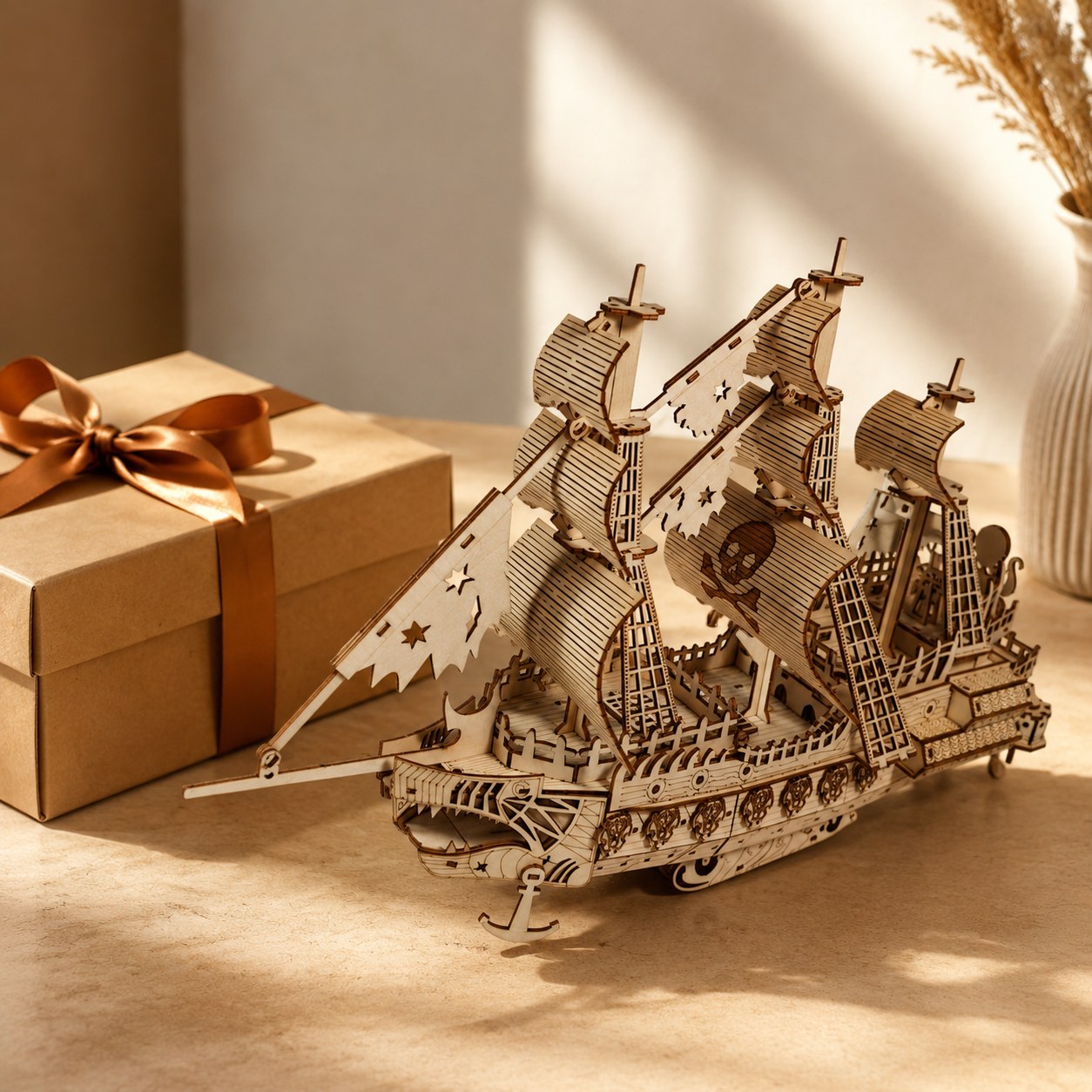 Wooden pirate ship model displayed next to a premium gift box