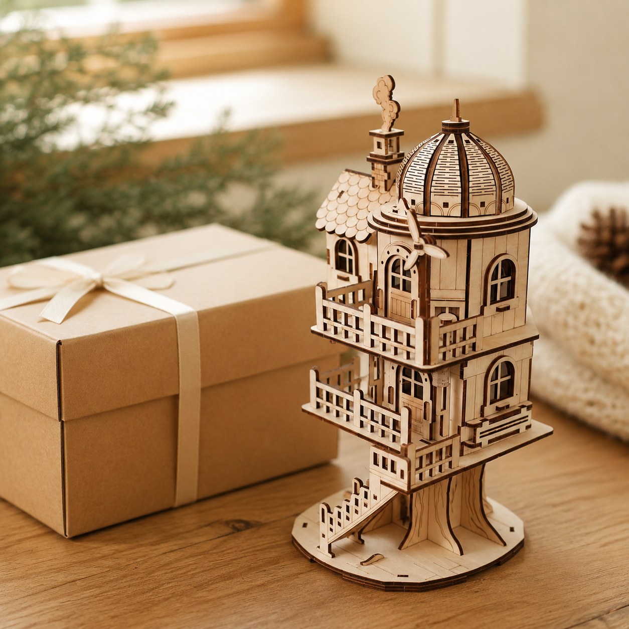 Completed wooden treehouse model displayed next to a wrapped gift box