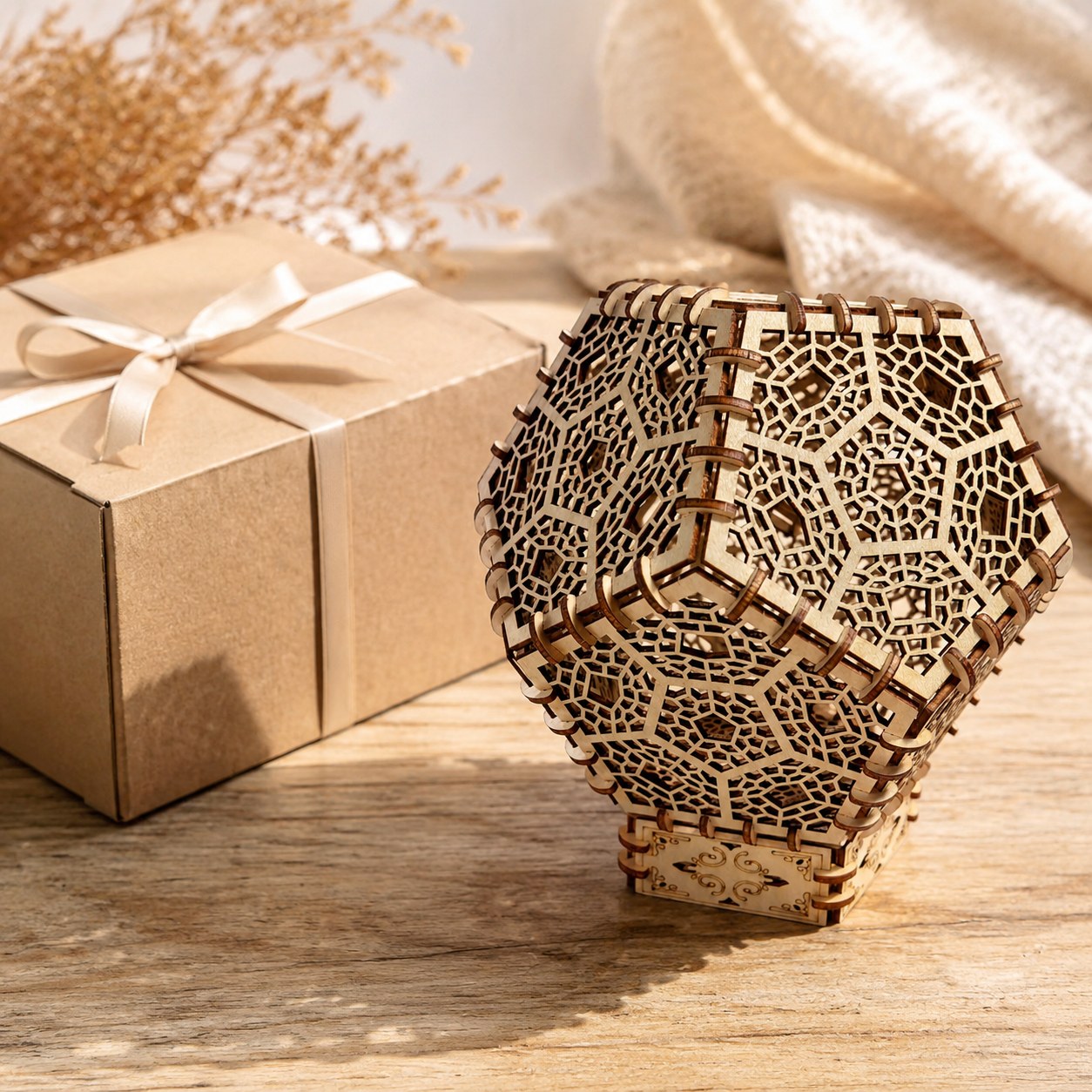 Geometric wooden lantern puzzle next to a gift box