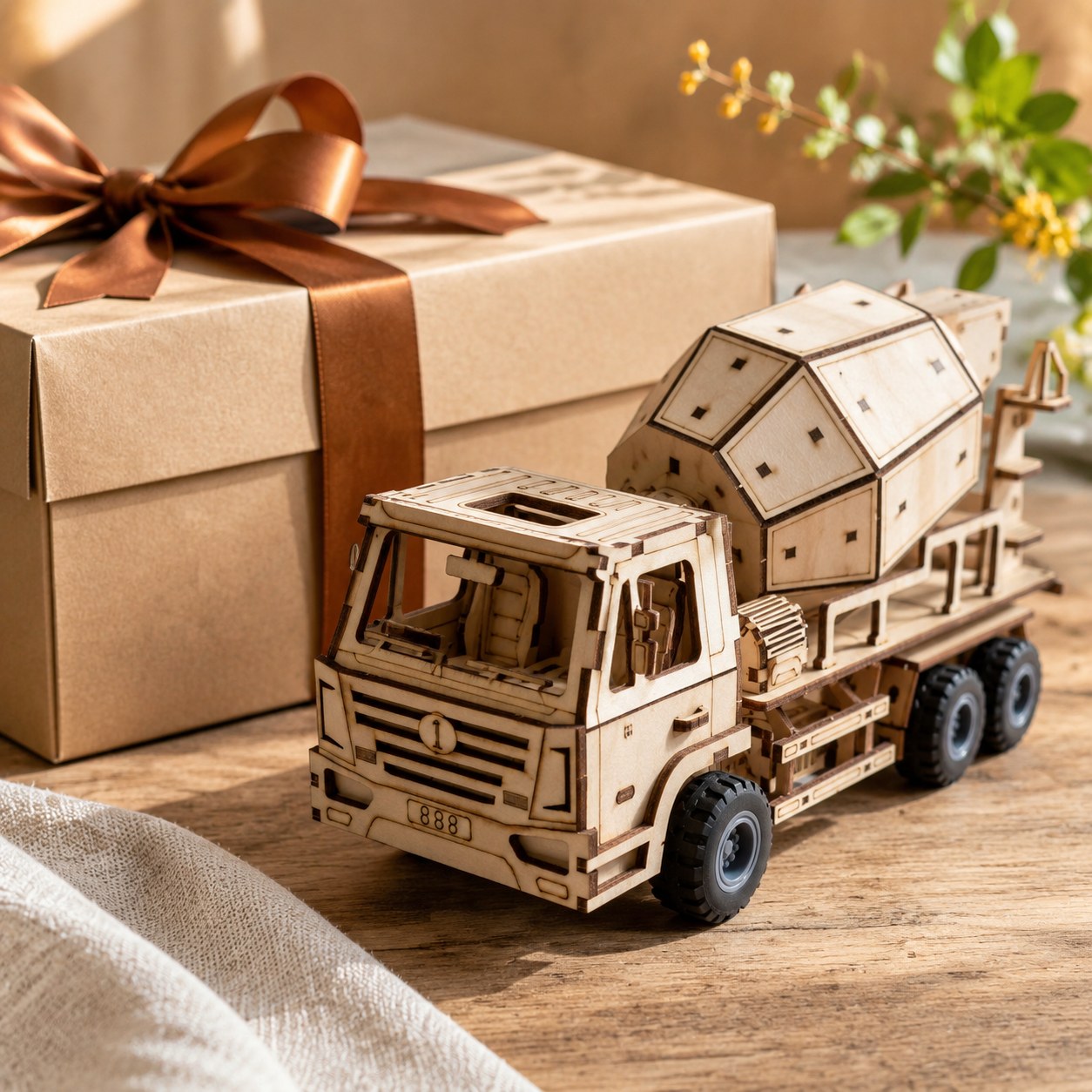 Wooden cement mixer model presented as a gift