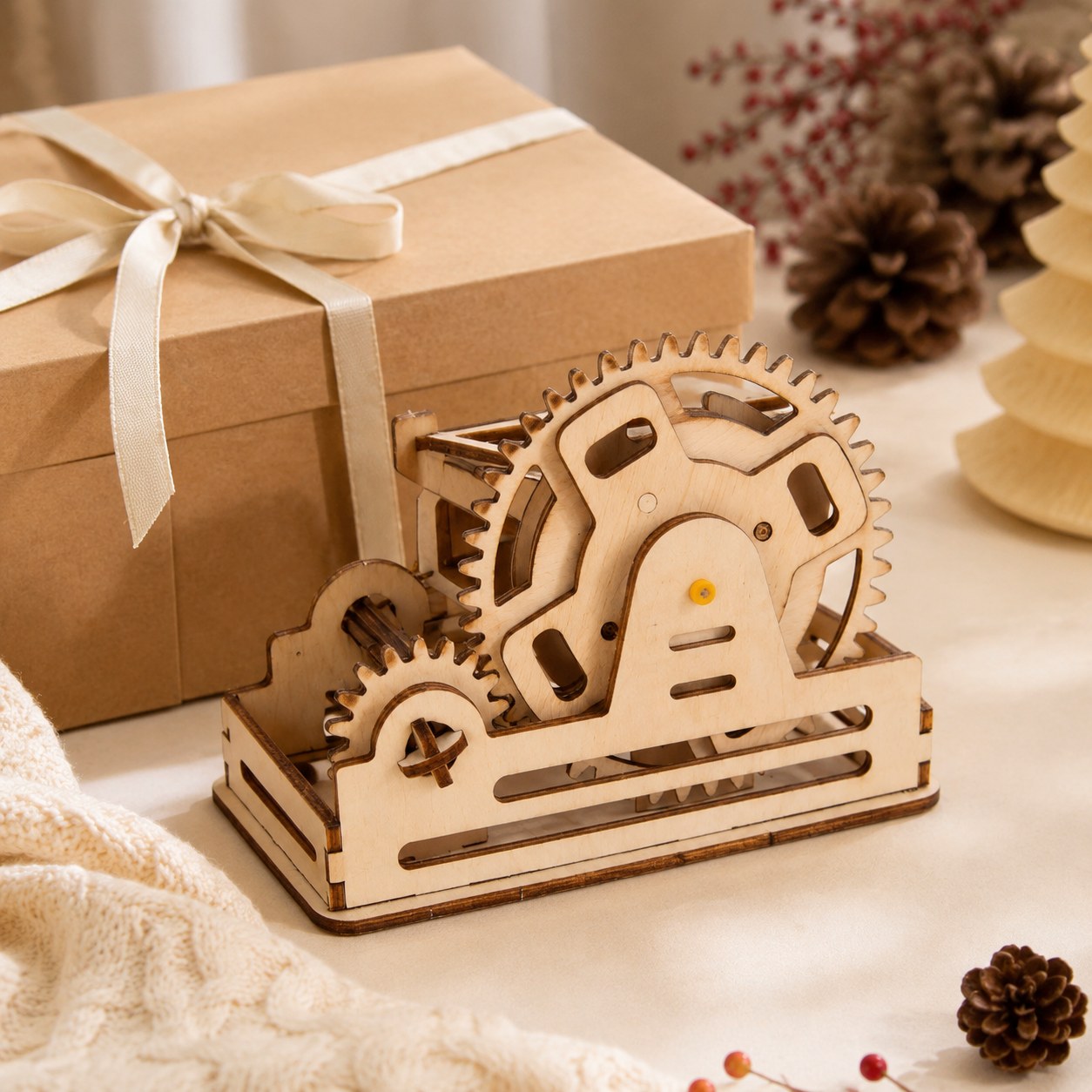 Wooden marble run puzzle packaged as a gift